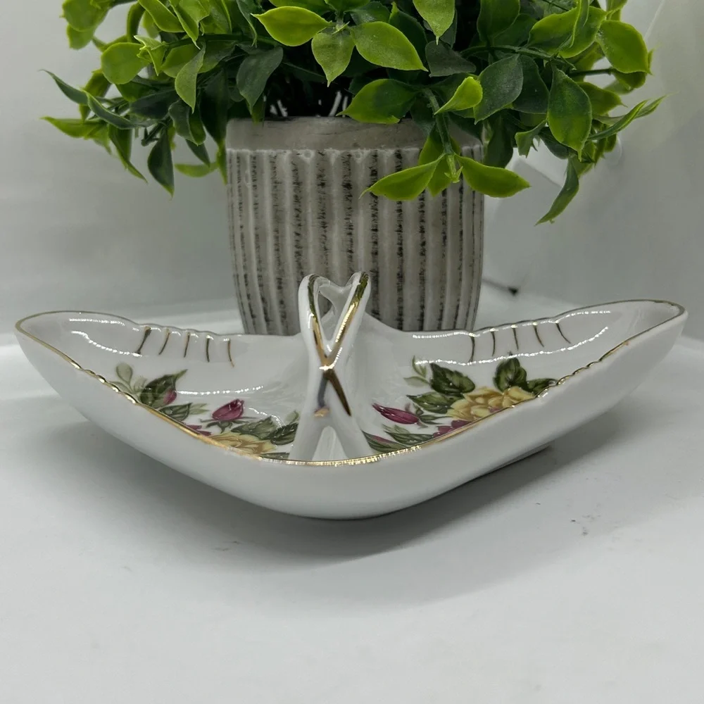 Floral Ceramic Dish with Gold Accent